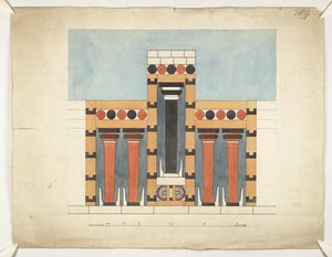 Pintura que reimagina el Santuario Tripartito Central en el Patio Central del Palacio de Minos en Cnosos (Evans Architectural Plans WW/15) de Theodore Fyfe