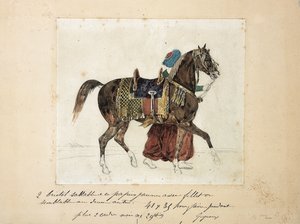 Un caballo enjaezado conducido por un mameluco, dos pirámides al fondo (lápiz y acuarela sobre papel)