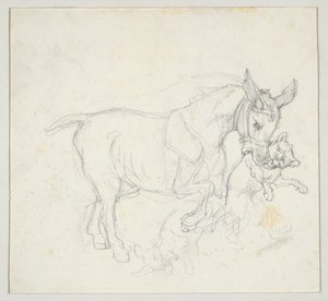 Burro con un perro en la boca (anverso); Estudio de un ciervo perseguido por perros, cabeza de cierva (reverso) de Theodore Gericault