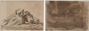 Géricault - Hombre agarrado a un caballo en el agua, según el Diluvio de Poussin (anverso); Estudio de composición (posiblemente para el Diluvio de Poussin) (reverso), hacia 1816.
