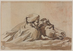 Hombre agarrado a un caballo en el agua, según "Diluvio" de Poussin (anverso), c. 1816 (pluma y tinta marrón y pincel y aguada marrón sobre grafito)
