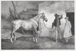 Un caballo viejo a la puerta de una posada