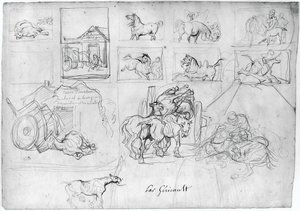 Estudio de caballos (anverso); Una carreta seguida de un portador de un cartel (reverso)