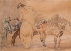 Tres hombres descargando un carro (acuarela sobre trazos de lápiz sobre papel) de Theodore Gericault