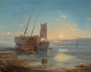 Barcos en la playa con marea baja de Theodore Gudin