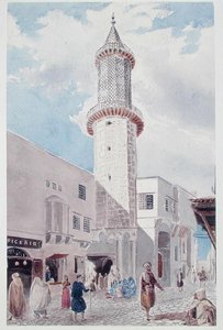El minarete de la mezquita en Rue de Chartres y Rue Bab-Azoun, Argel de Theodore Leblanc