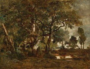 Bosque de Fontainebleau, grupo de árboles altos con vistas a la llanura de Clair-Bois en el límite de Bas-Bréau de Theodore Rousseau