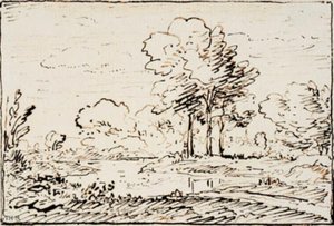Paisaje con tres altos árboles junto a un río de Theodore Rousseau