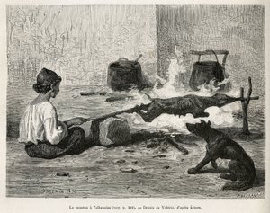 Un joven montenegrino asando un cordero con el albanés, sentado frente al fuego y girando constantemente el pincho de madera. Grabado según el dibujo de Valerio, para ilustrar el viaje a Dalmacia, por Charles Yriarte, en 1874, publicado en “Le tour du mond