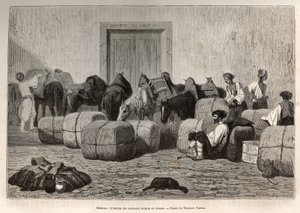 Cuando las caravanas turcas llegan a la aduana de Sebenico (Serbia), los viajeros comerciales descargan los fardos de la espalda de sus camellos para verificar la cantidad y naturaleza de las mercancías. Ilustración de una historia sobre Dalmacia, por Char