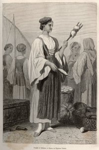 Mujer de Sebenico (Serbia), usando husos para hilar lana, en la plaza del mercado. Ilustración de una historia sobre Dalmacia, por Charles Yriarte, en 1874, publicado en “Le tour du monde” 1876, editado por Edouard Charton de Theodore Valerio