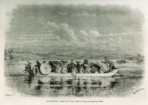 Un barco en el río de Hue (Vietnam), ilustración de la historia de ocho días de embajada en Hue (Reino de Annam), en 1875, por el Sr. Brossard de Corbigny, teniente (N), adjunto a la misión. Grabado en Le tour du monde de Theodore Weber