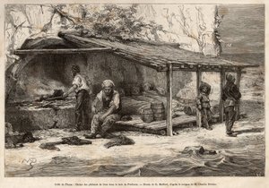 Una cabaña de pesca de atún en la bahía de Proelucca, Golfo de Fiume (o Rijeka, Istria), tres de los pescadores aún duermen, envueltos en mantas, otro se equipará y reemplazará al vigía, otro preparará la cocina y el musgo deambula al pie de de Theodore Weber