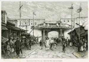 Puerta de la calle Cantón en Hanoi. Grabado de Th. Weber, a partir de una fotografía, para ilustrar la historia Treinta meses en Tonkín en 1884, del Doctor Hocquard, en Le Tour du Monde 1889, bajo la dirección de Edouard Charton (1807-1890), Hachette, Parí