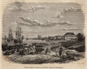 La rada de Saigón, grabado según un dibujo de T. Weber, ilustrando el viaje a Cochinchina, por el Doctor Morice, en 1872, publicado en “Le tour du monde” 1875, editado por Edouard Charton, edición Hachette, París. Colección Selva de Theodore Weber