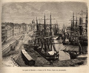 Los muelles de Montreal, grabado después de un dibujo de Th. Weber, ilustrando la excursión a Canadá y al Río Rojo del norte, por H. De Lamotte, en 1873, publicado en “Le tour du monde” 1875, editado por Edouard Charton, edición Hachette, París. Colección  de Theodore Weber