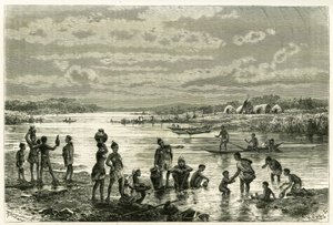 Vida en las orillas del río Zambeze, los marutses se preocupan mucho por su limpieza y el lavado para ellos es una actividad de primera necesidad. Grabado de Th. Weber, ilustración de la historia “En el país de los Marutses”, en 1875-1879, por el Dr. Emile de Theodore Weber