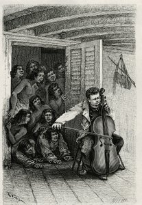 Retrato del autor viajero, tocando el violonchelo y atrayendo a una audiencia de curiosos. Grabado de Th.Weber, para ilustrar la historia “Les Iles Wallis”, del Dr. Emile Deschamps, médico mayor del 80º de infantería. Publicado en Le Tour du Monde. de Theodore Weber