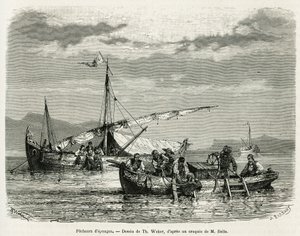 Pescadores de esponjas en el Golfo de Nafplio, ilustración de la historia de un viaje a Grecia en 1861, 1868 y 1874, por Henri Belle. Grabado en Le tour du monde de Theodore Weber