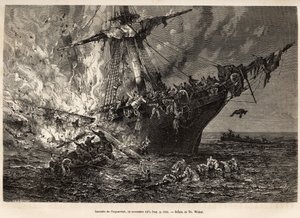 El incendio del Cospatrick, un barco británico que transportaba a más de 400 emigrantes a Nueva Zelanda, el 19 de noviembre de 1874, grabado después de un dibujo de T. Weber, ilustrando el estudio de tormentas y viajes, por Mr. Zurcher y Mr. Margolle, en 1 de Theodore Weber