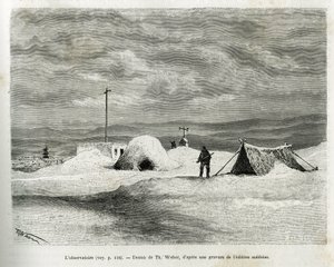 El observatorio meteorológico fue instalado en la bahía de Koljutschin (círculo polar), mientras el barco La Vega estaba atrapado en el hielo y la tripulación se preparaba para invernar. Grabado por Th. Weber, ilustración de la historia “Viaje de la Vega a de Theodore Weber