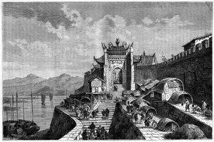 Vista de la Puerta de Shanghái en el río Huangpu, China en los años 1870-1880. Grabado después de un dibujo de Weber, en “Le Tour du Monde, Nouveau journal des Voyages”, editado por Edouard Charton, París de Theodore Weber