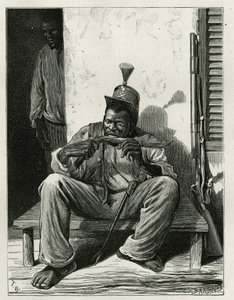 El faccionario de la oficina del lugar, rifle apoyado contra la pared, devorando un trozo de caña de azúcar, grabado por T. Wust, ilustración de la historia La república de Haití, por Edgar La Selve, profesor de retórica en Puerto Príncipe, en 1871, public de Theodore Wust