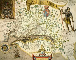 Sloane MS 1622 Mapa de Virginia, que muestra en la parte superior izquierda una imagen del Jefe Powhatan por John Smith (1580-1631) 1624 (grabado a mano) de Theodore de (after) Bry