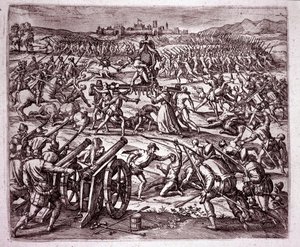 Un monje dominico, sintiéndose burlado por el rey inca Atahualpa (Atabaliba), anima a Francisco Pizarro a buscar venganza. Grabado de Theodore de Bry