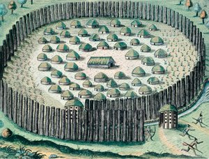 Pueblo indio fortificado, Ilustración del Discurso de Florida de Theodore de Bry