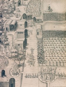 Una aldea india nativa rodeada de tierras cultivadas en Virginia de Theodore de Bry