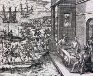 Acuerdo entre Francisco Pizarro, Diego de Almagro y Hernando de Luque para explorar y explotar Perú de Theodore de Bry