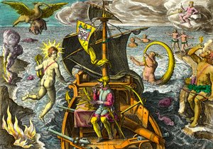 Alegoría sobre los viajes del navegante Fernando de Magallanes, representado en su barco usando una esfera armilar y rodeado de personajes mitológicos y animales fantásticos. Grabado de “Admirante Narratio Americae” de Theodore de Bry