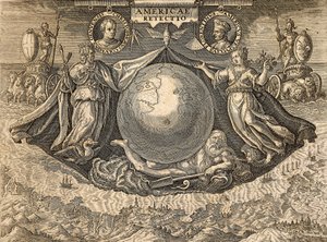 Alegoría de las Indias Occidentales o Américas, con retratos de los navegantes Cristóbal Colón y Américo Vespucio