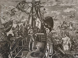 Alegoría del viaje de Cristóbal Colón al descubrimiento del Nuevo Mundo, grabado de Theodor de Bry