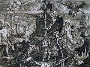 Alegoría de los viajes de Fernando de Magallanes, grabado de Theodor de Bry