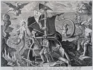 Alegoría sobre los viajes de Fernando de Magallanes (1480-1521), por Theodor de Bry (1528-1598)