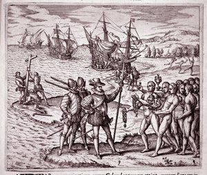 Llegada de Cristóbal Colón a la isla de La Española en las Indias Occidentales (Grabado) de Theodore de Bry