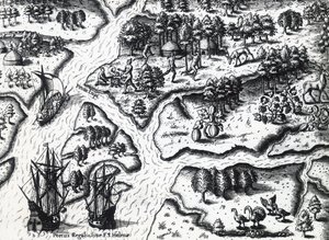 Llegada de los franceses a Port Royal en 1564, por Theodor de Bry basado en una pintura de Jacques le Moyne de Morgues, grabado
