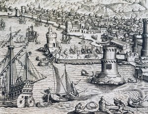 Llegada de Girolamo Benzoni al puerto de La Palma, grabado de Historia Americae, por Theodor de Bry (1528-1598), Frankfurt de Theodore de Bry