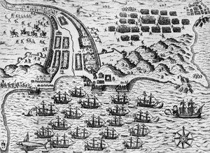 Ataque a Santiago el 27 de noviembre de 1585 (grabado) de Theodore de Bry