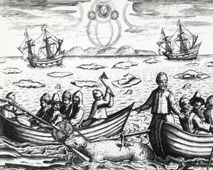 Aurora boreal y caza de osos blancos durante la tercera expedición liderada por William Barents en busca del Paso del Noreste en 1596, por Theodor de Bry, grabado de Theodore de Bry