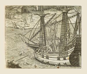 Bartolomeo Díaz colgando a algunos indios en carabela, grabado por Theodor de Bry (1528-1598) de Americae pars quarta de Theodore de Bry