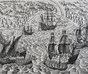 Batalla frente a la ciudad de Matical en la Bahía de Bengala, grabado de Indiae Orientalis por Theodor de Bry de Theodore de Bry