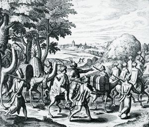 Caravana de comerciantes árabes viajando de Alepo a Basora, grabado de Grands and Petits Voyages, por Theodor de Bry, Medio Oriente de Theodore de Bry