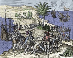 Cristóbal Colón y su hermano fueron arrestados por Francisco de Bobadilla en 1500. Grabado de Théodore de Bry (1528-1598) de Theodore de Bry