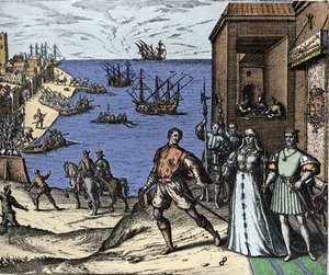 Cristóbal Colón y los hermanos Pinzón saliendo del puerto de Palos en España el 03/08/1492 hacia el Nuevo Mundo. A la derecha, el Rey y la Reina de Portugal, Fernando II de Aragón e Isabel I de Castilla. Grabado de Theodore de Bry en "Admirante" de Theodore de Bry