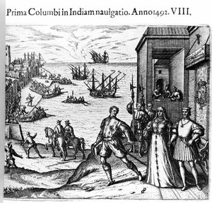 Cristóbal Colón y los hermanos Pinzón saliendo del puerto de Palos en España el 03/08/1492 hacia el Nuevo Mundo. A la derecha, el Rey y la Reina de Portugal, Fernando II de Aragón e Isabel I de Castilla. Grabado de Theodore de Bry en "Admirante" de Theodore de Bry