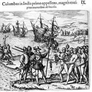 Cristóbal Colón llega a las Indias Occidentales (Grabado de Theodore de Bry en Admirante Narratio - Americae) de Theodore de Bry