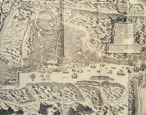 Ciudad de Goa en India, Grabado de Theodor de Bry (1528-1598) del relato de viaje del marinero Jan Huyghen van Linschoten a la India portuguesa 1579-1592), siglo XVI